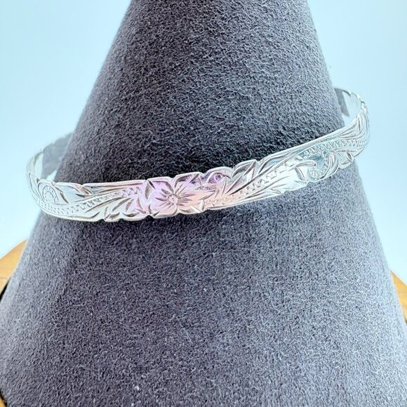 Sterling Silver 925 Scroll Floral Flower Design Bangle Bracelet Size 7.5" Fit - Picture 2 of 9
